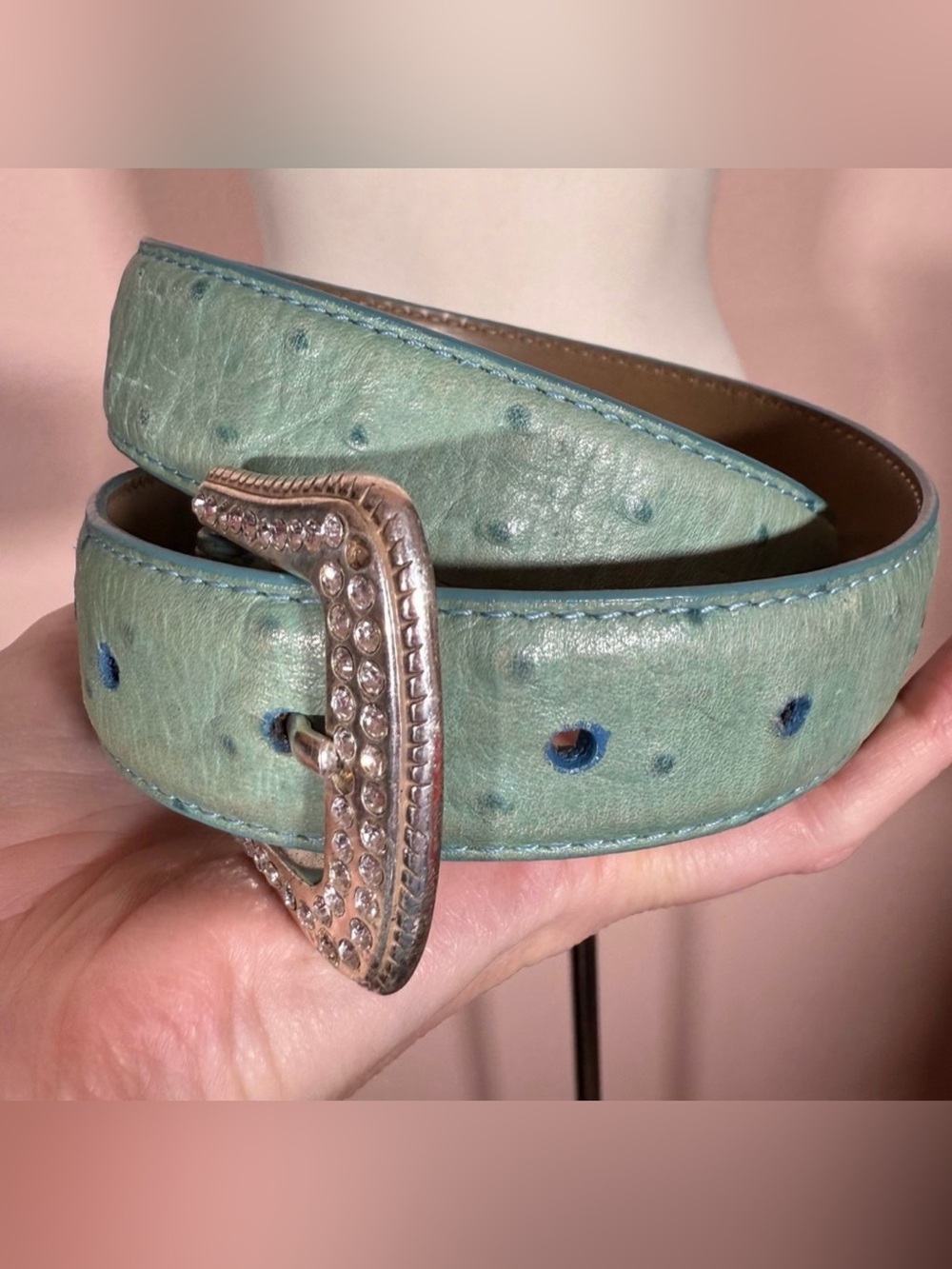 Roper turquoise ostrich embossed leather rhinestone silver buckle western belt - Picture 4 of 14